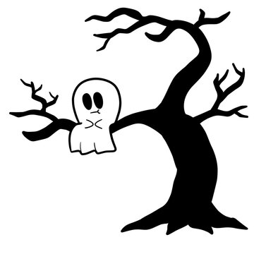 Cute ghost sitting on spooky dead tree cartoon illustration for Halloween isolated on transparent background