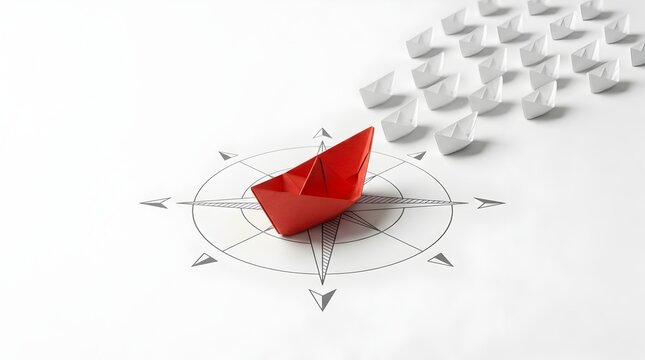 Red origami boat on a compass leading white paper boats, symbolizing leadership, business direction, and strategic vision for navigating success on a clean white background.
