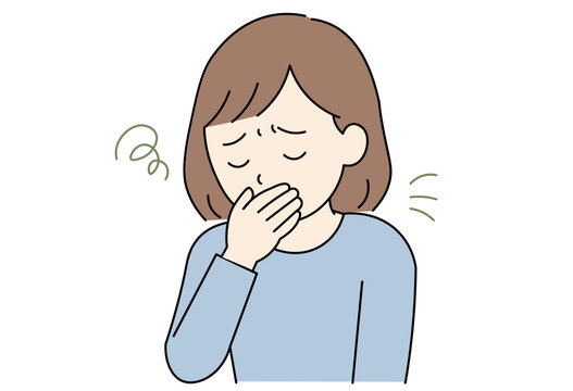 woman covering her mouth in discomfort due to nausea, morning sickness, or feeling sick.