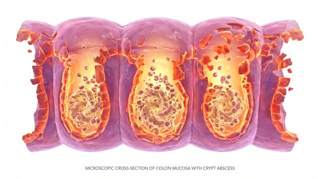 3D Microscopic Diagram of Crypt Abscess Formation in Ulcerative Colitis