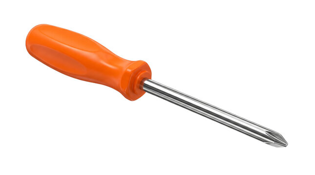 A sturdy orange handle phillips head screwdriver isolated on a clean white background for home improvement projects and mechanical repairs