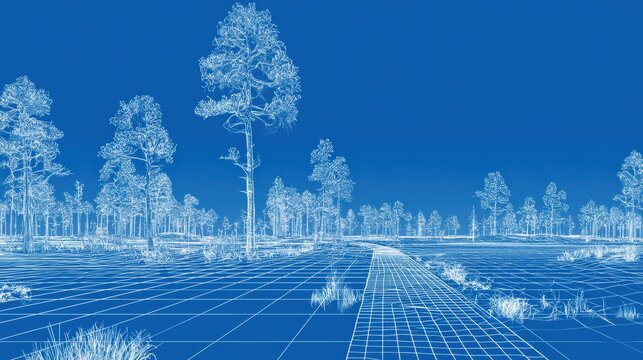 A forest path is shown in white lines on a blue grid. Trees and grass are outlined, creating a minimal view of a landscape.
