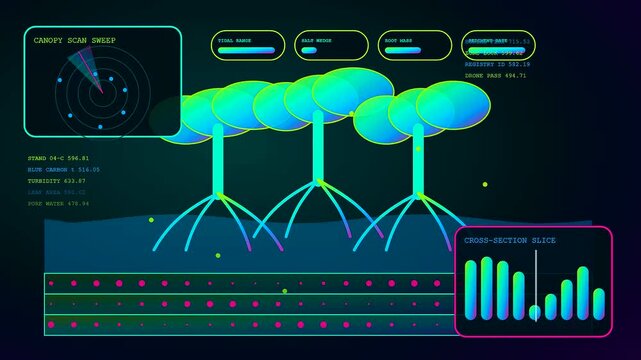 carbon sequestration data monitoring showing glowing mangrove trees and root systems with digital scan sweeps and fluctuating cross section bars on a dark screen interface