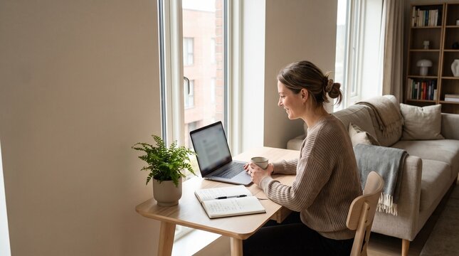 Focused woman working from home sitting at a wooden desk by the window with laptop and notebook