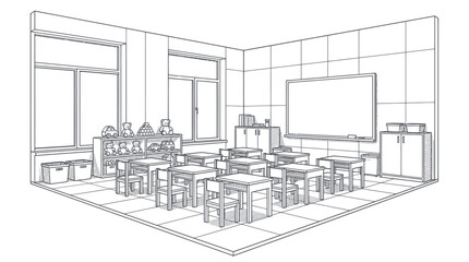 Fototapeta premium Classroom Interior Sketch with Desks and Whiteboard.
