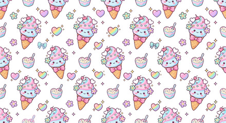 Naklejka premium Kawaii Ice Cream Cone Pattern