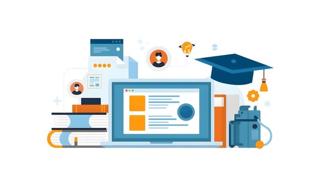 Laptop computer displaying an online educational portal is surrounded by books, a graduation cap, and learning icons, representing modern digital distance education.