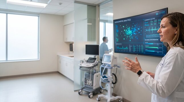 Female doctor presenting diagnostic analytics on a large interactive wall screen in a modern medical clinic