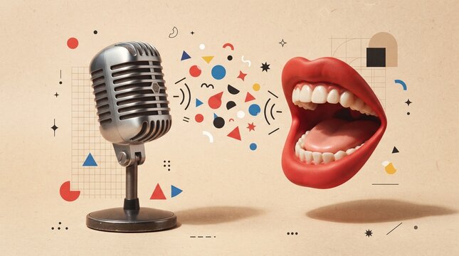 A retro microphone broadcasts vibrant sound waves towards a dynamic, open mouth, symbolizing the power of voice, communication.