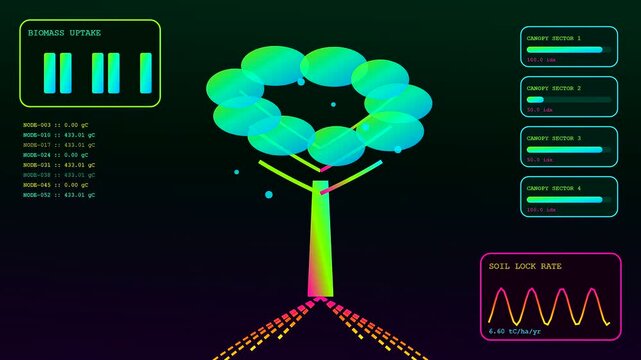 Digital carbon sequestration data analysis visual showing glowing tree icons and scientific metrics shifting across three different screens in a dark professional computing environment display