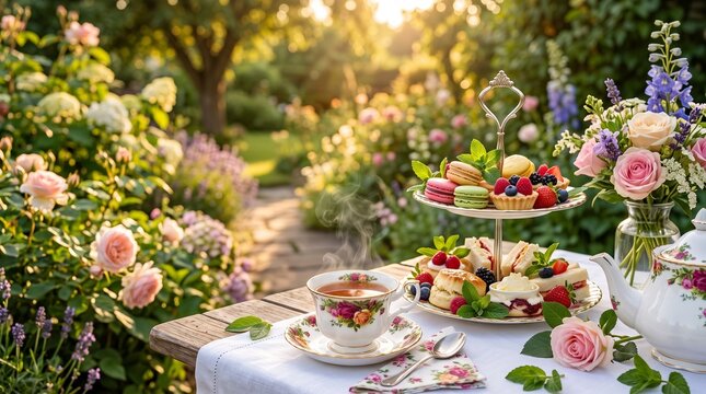 Elegant afternoon tea set in blooming summer garden, traditional high tea with macarons and scones, floral garden party setting
