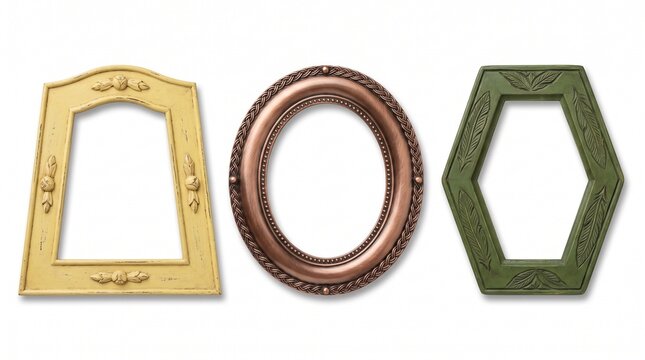 Vintage picture frames collection with gold, copper, and green finishes. Antique ornate photo frame set in oval, hexagonal, and trapezoid shapes. Decorative metallic and wood texture borders.