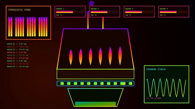 Digital displays showing carbon sequestration processes with shifting flame animations and glowing light metrics as parameters adjust across multiple interface panels in a dark laboratory setting