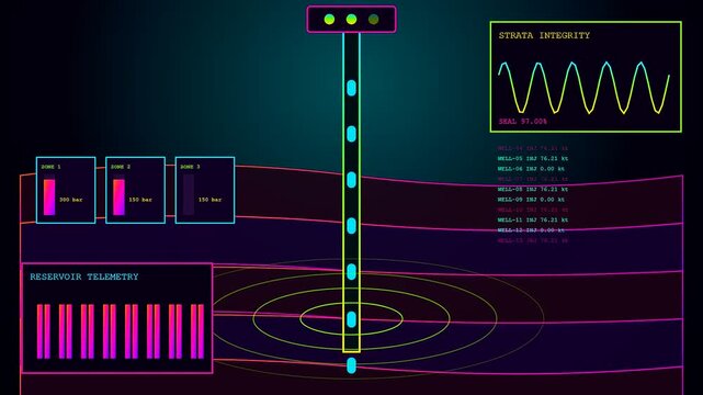 Digital displays showing carbon sequestration data with underground well drilling visuals for energy monitoring and industrial resource tracking in a futuristic purple and blue interface