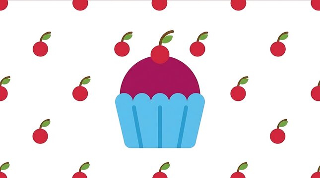Minimalist cupcake illustration with cherry pattern on white background