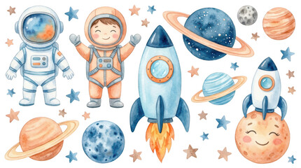 Fototapeta premium Watercolor space elements set featuring cute astronauts rockets planets with rings moon and stars Hand painted celestial collection for cosmic designs and children illustration