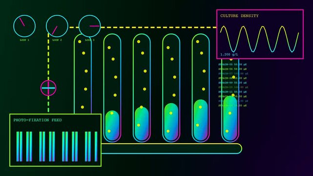 Digital displays showcasing carbon sequestration processes with changing fluid levels in laboratory tubes and dynamic monitoring data graphs on a dark neon themed computer terminal interface