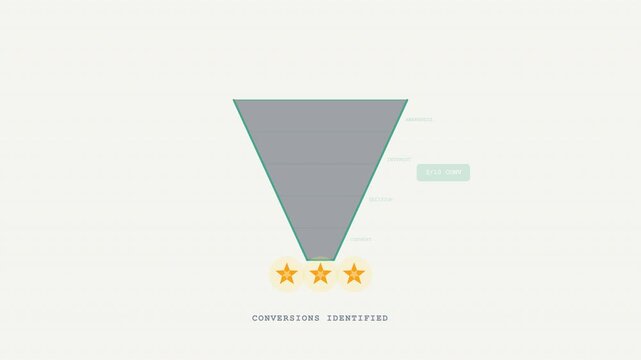 Grey conversion funnel diagram with three yellow star icons at the bottom in a minimalist graphic design, perfect for marketing materials.