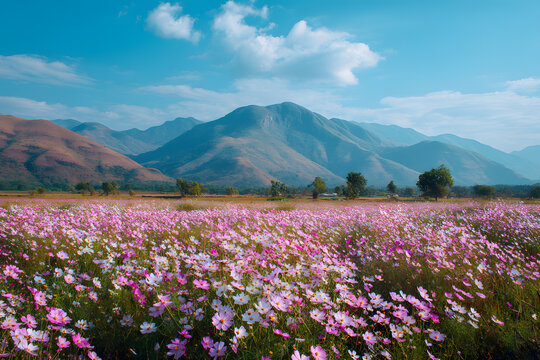 a field of flowers with mountains in the background