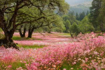 Fototapeta premium a field of pink flowers with trees in the background