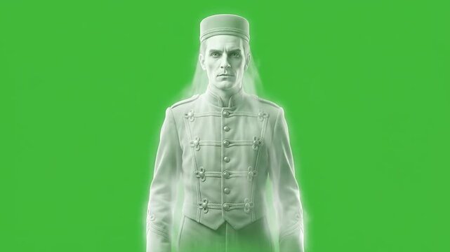 Spooky halloween ghost bellhop in vintage uniform on green screen