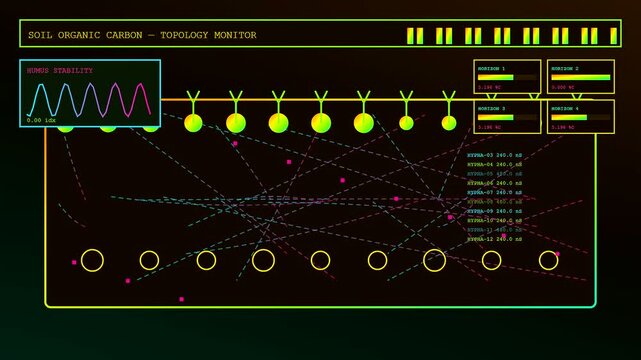 Digital displays showing carbon sequestration data with glowing nodes and wave patterns pulsing across three separate panels in a modern science laboratory observation system setup