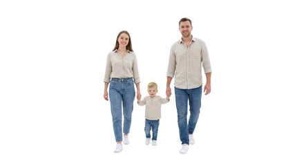 Fototapeta premium Happy Young Family with Little Son Walking and Holding Hands Isolated on Transparent Background
