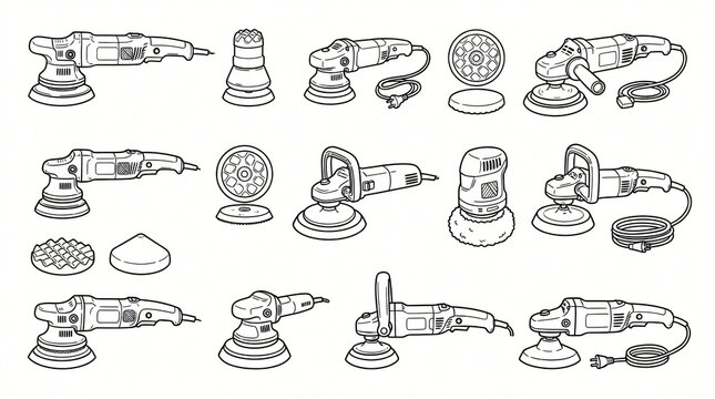 Car Polishing Machine Buffer Line Art Doodle Collection Hand Drawn Dual Action Orbital Polisher Rotary Power Tool Backing Plate Speed Control Trigger Cord Stroke Weight Strictly Textless White