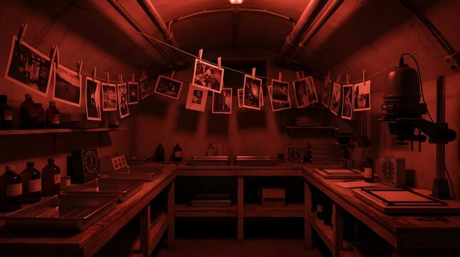 A vintage darkroom with red safelight illumination and photographs hanging on a clothesline.