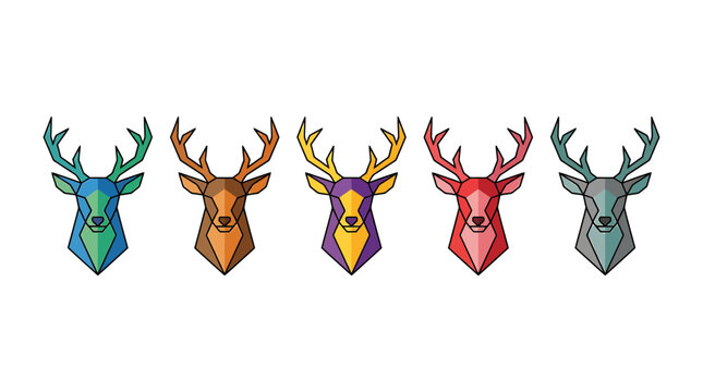 Geometric deer head vector set, colorful low poly reindeer icons, 5 abstract stag head illustrations for logo design and branding