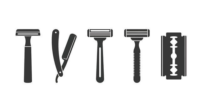 Barber shop shaving tools set, vintage straight razor and safety razor icons, black silhouette grooming equipment vector