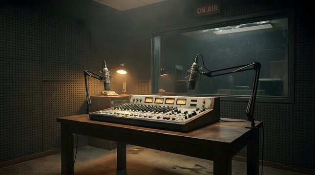 Professional radio broadcast studio interior with mixing console and microphones.