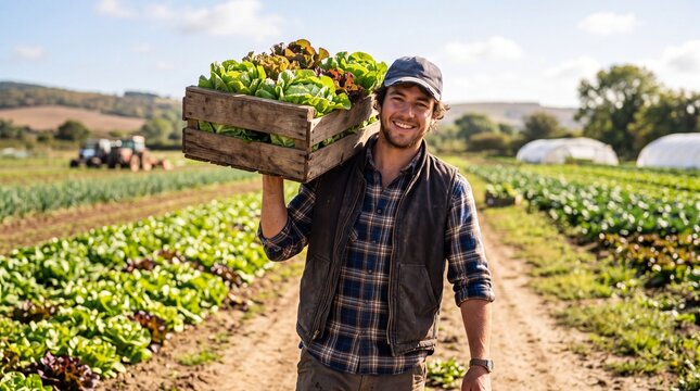 Smiling farmer carrying a wooden crate full of fresh lettuce and greens from his organic farm fields