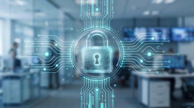 Futuristic digital security padlock icon floating over corporate office environment representing advanced data protection and cybersecurity measures for modern global business infrastructure