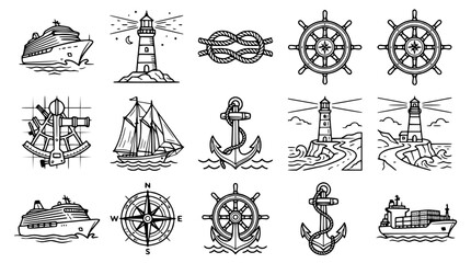 Nautical Icons Set: Cruise Ship, Lighthouse, Anchor, Ship Wheel, Compass, Sailboat © Gereh