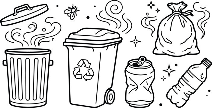 Garbage recycling waste management icon set line art vector icons trash bin bag bottle