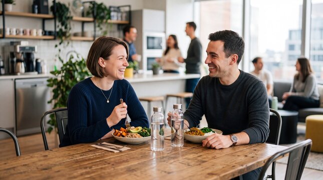 Happy couple enjoying healthy plant based meals together in a modern office break room celebrating World Vegan Day