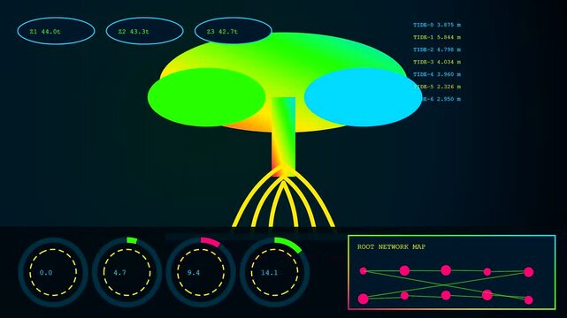 Abstract visualization of carbon sequestration data showing shifting plant biology and root systems across three screen panels displaying changing numeric values within a digital interface environment