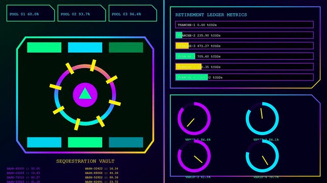Digital carbon sequestration data interfaces showing shifting graphical metrics across three unique screens with vibrant neon glow elements and animated statistics presented in a dark theme