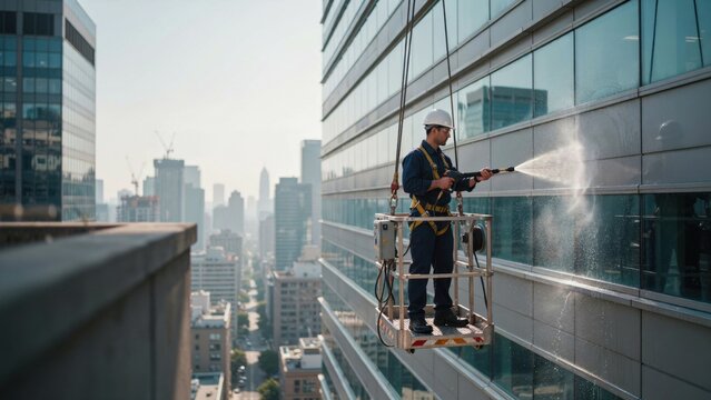 Skilled window washer in a hard hat and safety gear on a suspended platform cleans high-rise building windows with pressure.