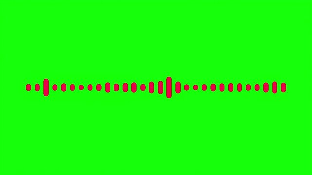 Red digital audio waveform on green screen background. Animated sound frequency bars for music production. Minimalist voice recording equalizer visualization.