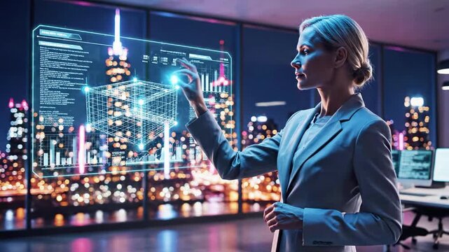 Businesswoman interacting with holographic smart city interface.