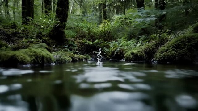 Glass Treble Clef Resting on Serene Water Surface in Forest