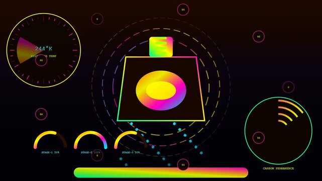 Monitoring a futuristic carbon sequestration process where temperatures fluctuate through a neon digital interface displaying various kiln core gauges and atmospheric metrics in real time