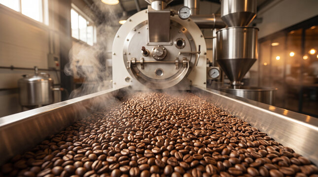 Freshly roasted coffee beans cooling on industrial tray with steam rising from large roasting machine in factory