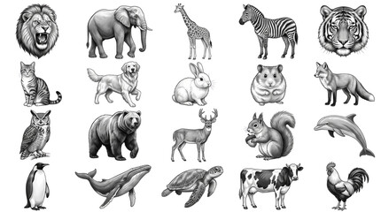 Fototapeta premium Vintage animal illustrations set, 20 hand-drawn black and white wildlife sketches, antique engraved style fauna collection for nature branding