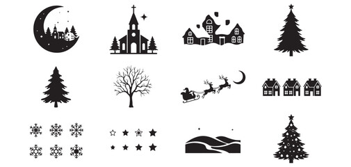 Fototapeta premium Winter village landscape and Santa Claus sleigh vector silhouette set