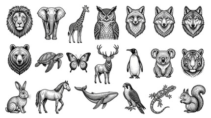 Obraz premium Vintage woodcut animal illustrations, set of 20 engraved wildlife icons, black and white hand drawn nature sketches for branding and logos