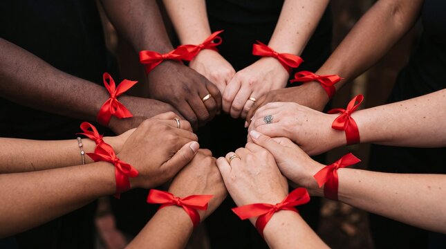 Diverse group of people joining hands wearing red ribbons symbolizing support for World AIDS Day awareness and solidarity