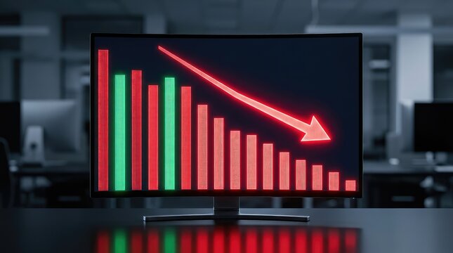 A glowing stock market chart showing a downward trend with red arrows and bar graphs on a digital monitor in a dimly lit financial office, collapse, plummet, graph